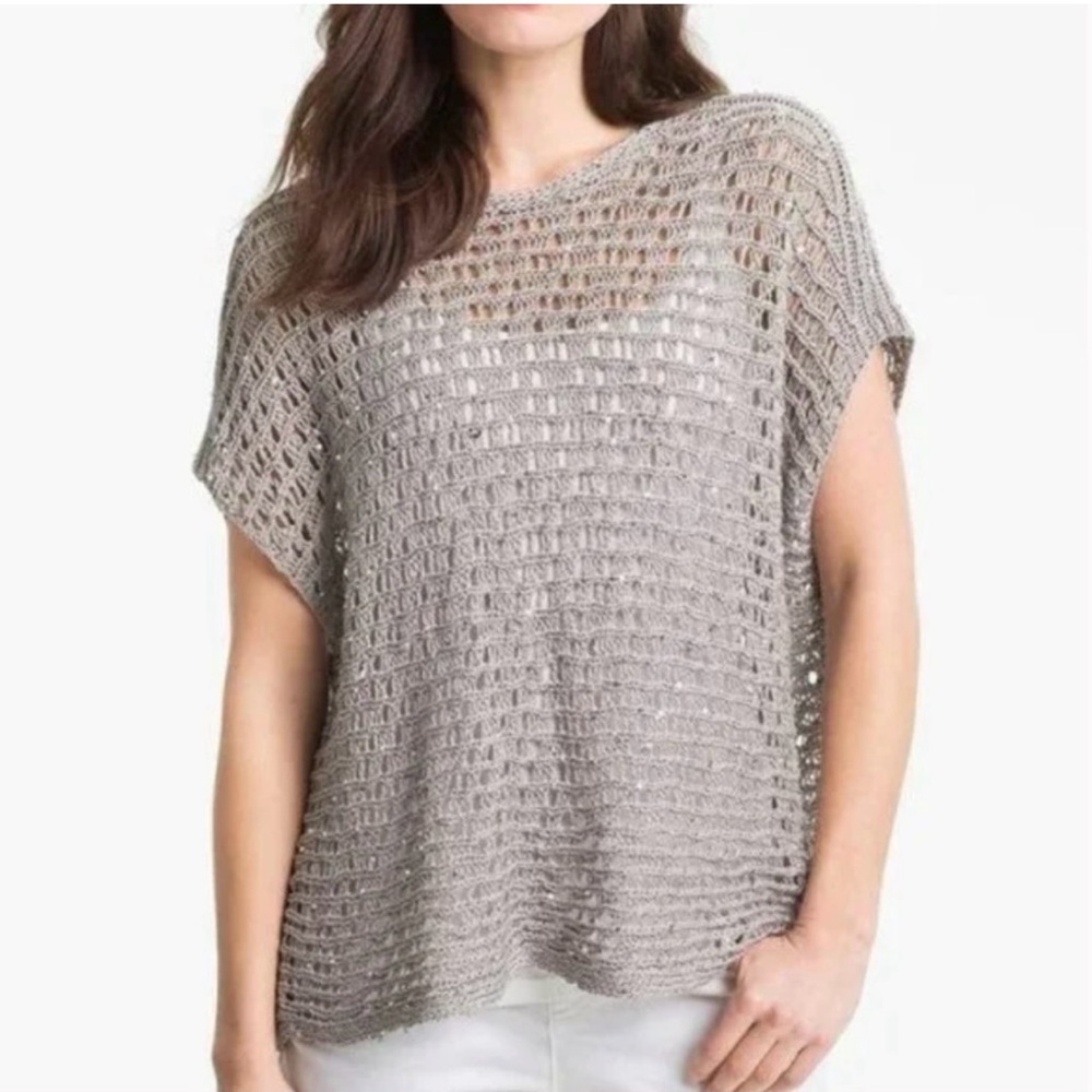 Eileen Fisher Open Knit gray & Sequin Sweater, Pullover Women's size XL.